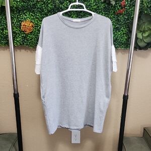 Gray Short Sleeve Dress with White Lace Accents, Sleeves